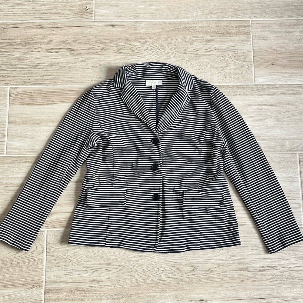 Talbots Navy Blue and White Striped Knit Blazer Suit Jacket